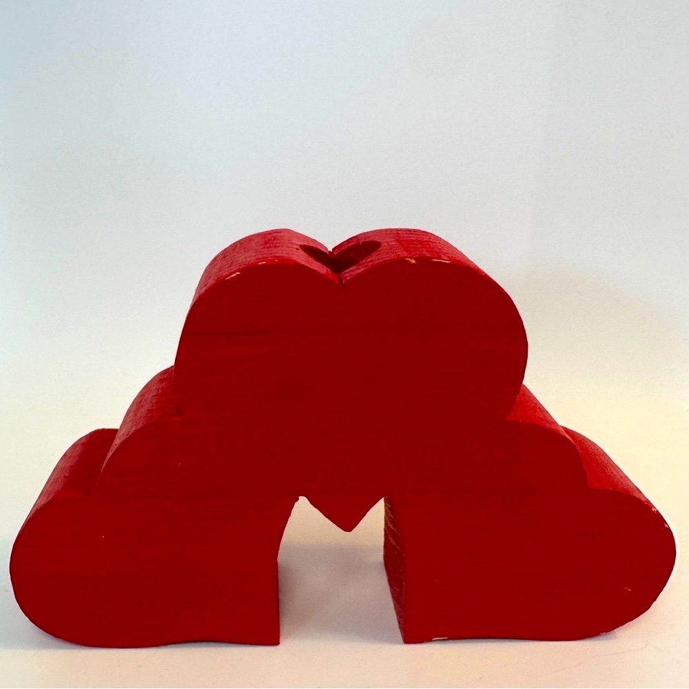VTG Hand Painted Wooden Scandinavian Three Hearts Heart Taper Candle Holder Deco - Picture 2 of 9